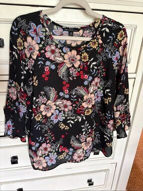 Zac & Rachel Black Floral Scoop Neck Blouse with Pink and Blue Blooms